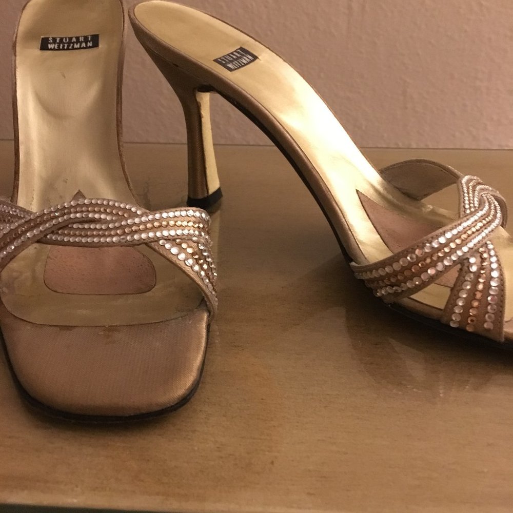 Stuart Weitzman Slip on Heels Gold Crystals 7 1/2M